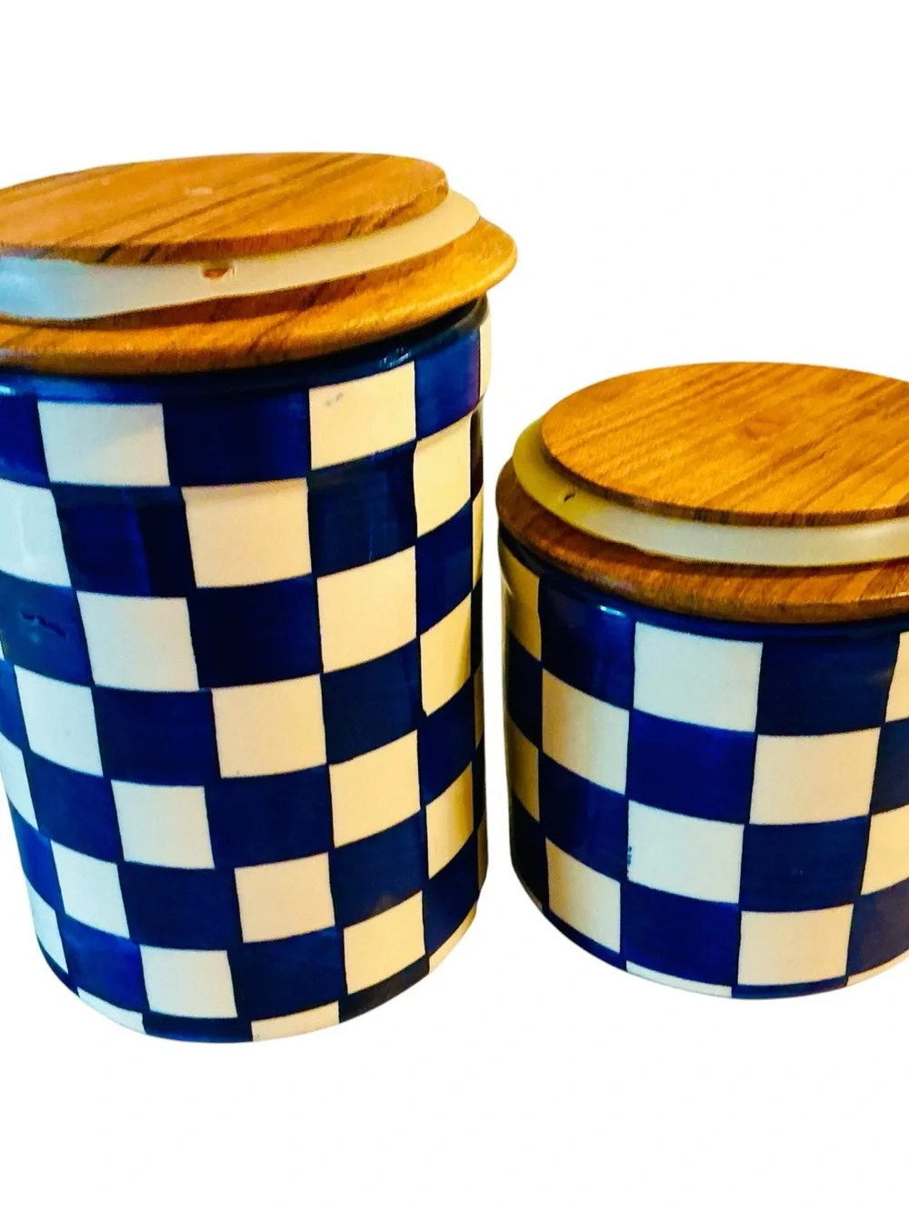 Hand-Painted Checkered Ceramic Jar with Wood Lid